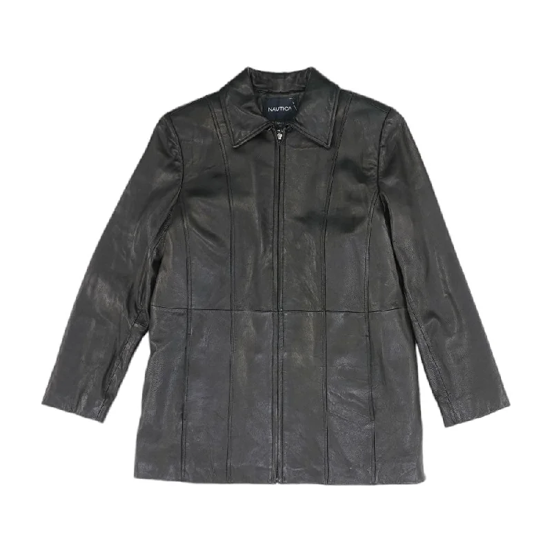 Black Solid Leather Coat