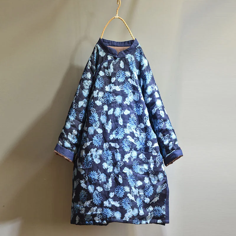 Women Asymmetric Printed Mid- Length Ramie Cotton Coats