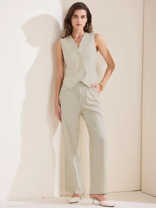 2 Pieces Sleeveless Waistcoat Vest & Straight Leg Pants Matching Sets
