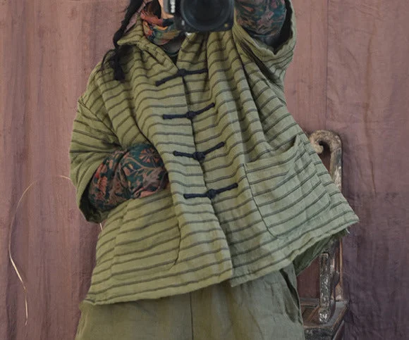 Green Casual Vintage Yarn-Dyed Striped Cotton Linen Coat