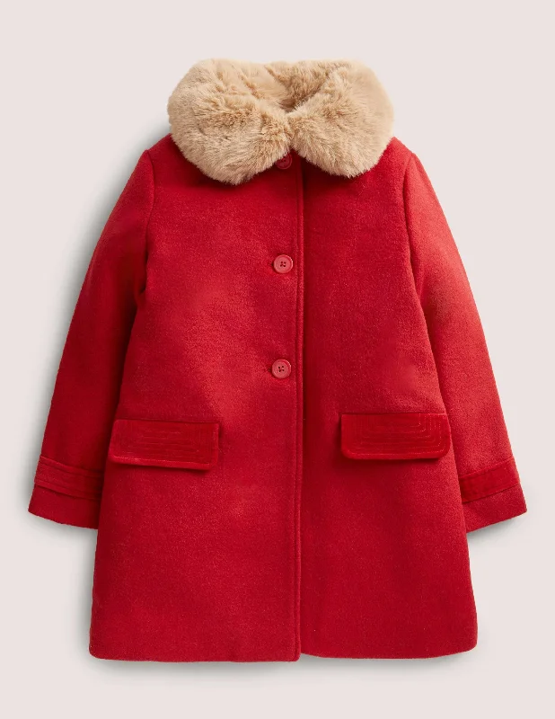 Red Fur Collar Wool Coat-Cranberry Red