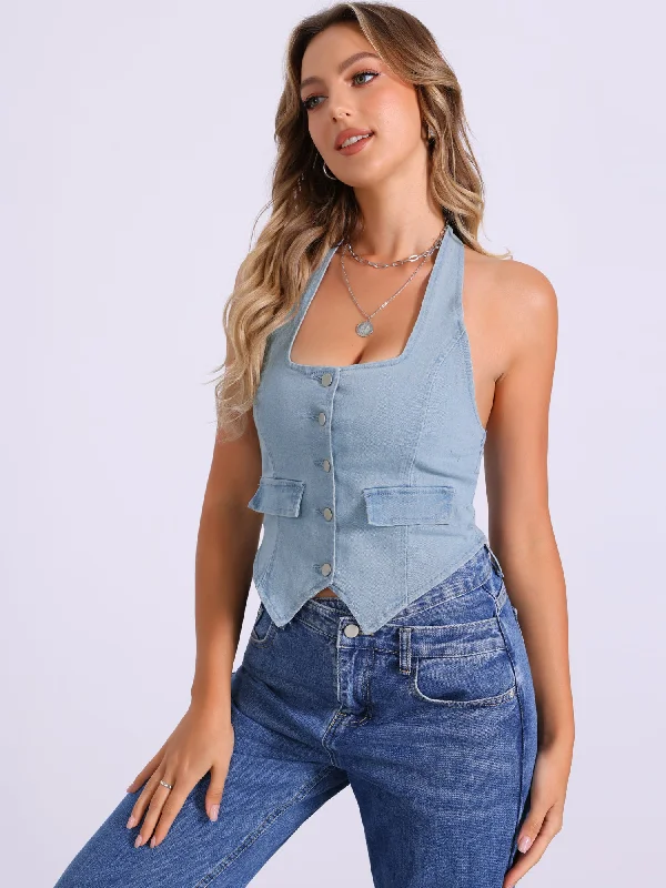 Backless Denim Halter Neck Waistcoat Vest
