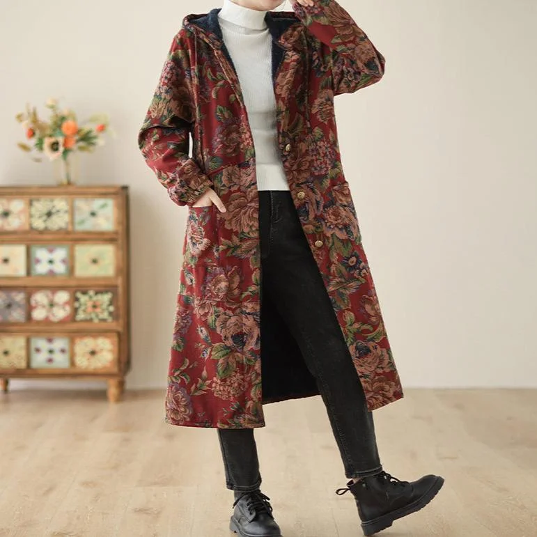 Women Winter Vintage Floral Fleece-Lined Trench Cotton Long Coat