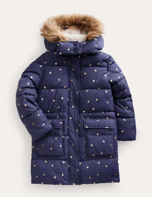 Longline Padded Coat-Navy Foil Stars