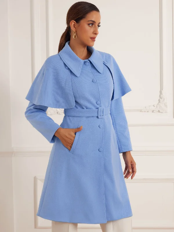 Removable Cape Single-Breasted Casual Belted Pea Coat