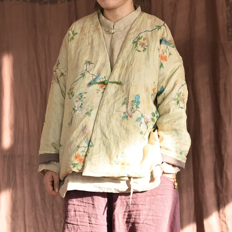 Women Chinese Style Vintage Printed Cotton Linen Coat