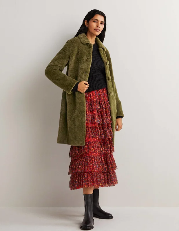 Faux Fur Collared Coat-Basil Green
