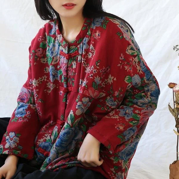 Women Vintage Print Floral Parkas Red Stand Long Sleeve Winter Coats Warm Parkas Coats Women Vintage Print Floral Parkas Red Stand Long Sleeve Winter Coats Warm Parkas Coats
