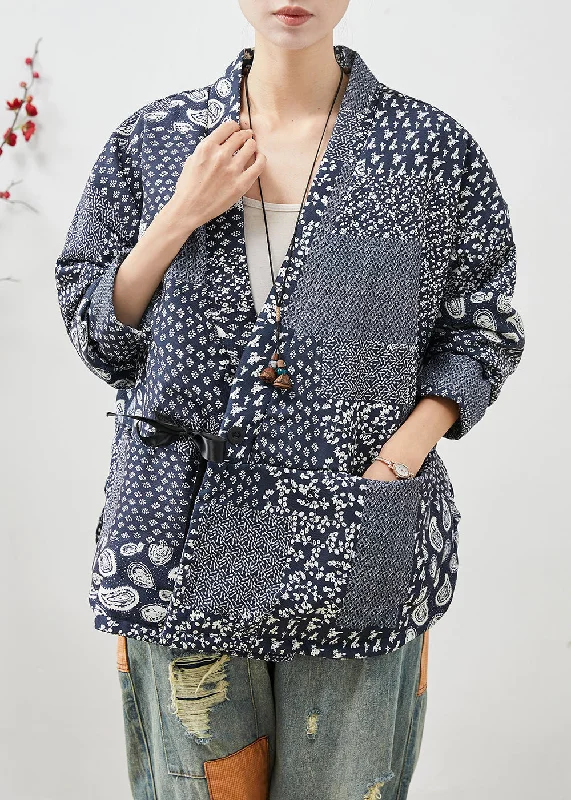 Vintage Navy Oversized Print Linen Coat Spring