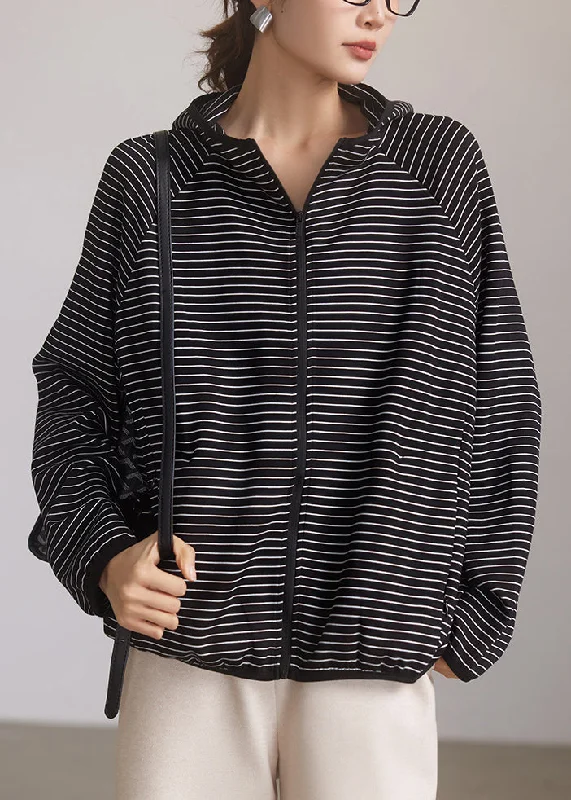 Casual Striped Hooded Zippered Pockets Cotton Coat Spring