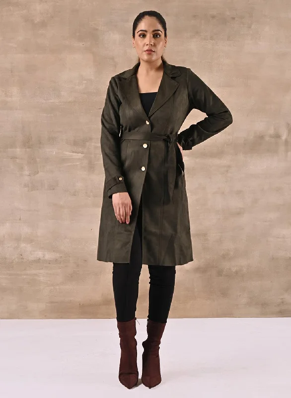 Olive Full Sleeve Tie Belt Trench Coat