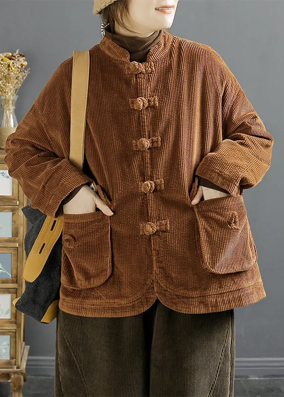 Vintage Brown Chinese Button Pockets Corduroy Coats Spring
