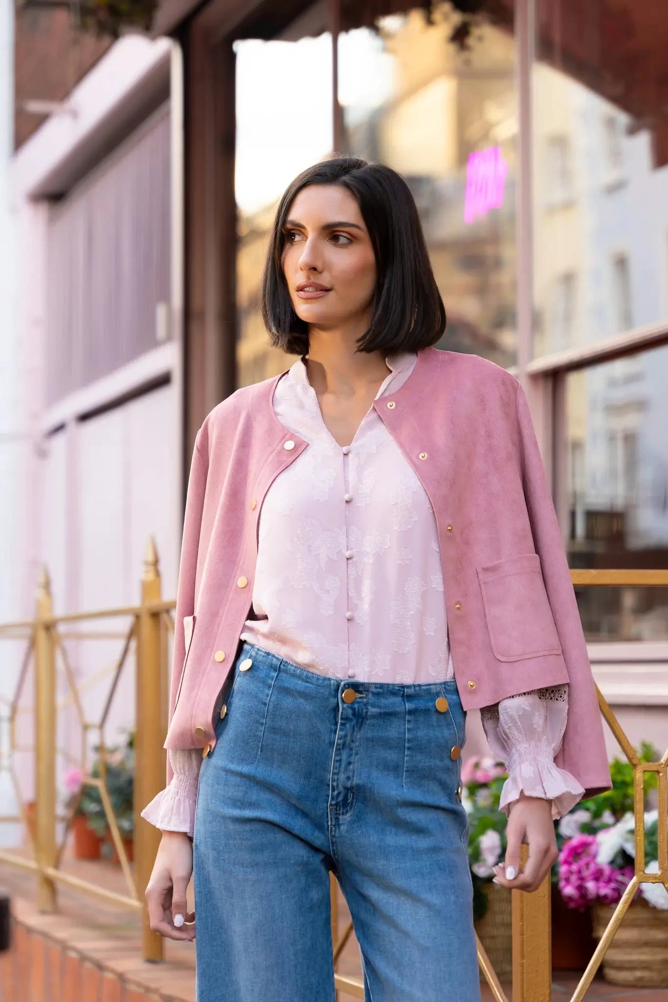 Pink Cropped Suedette Jacket