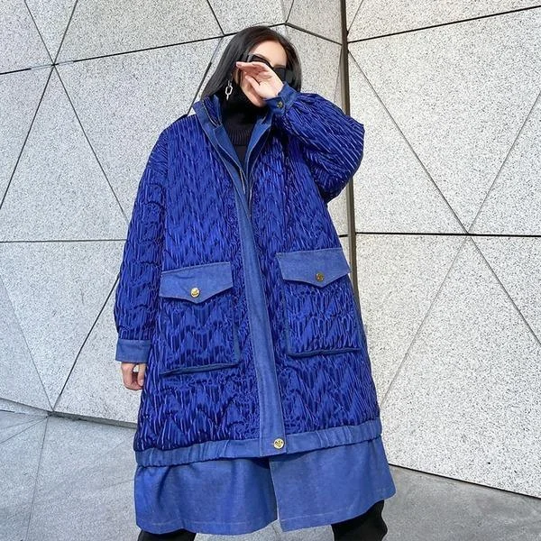 Women Winter The New Contrast Color Loose Pockets Street Trendy Stand Collar Parka Coat Women Winter The New Contrast Color Loose Pockets Street Trendy Stand Collar Parka Coat