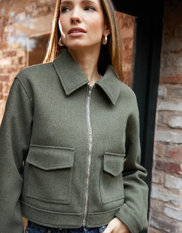 Women's Khaki Faux Wool Collared Harrington Jacket