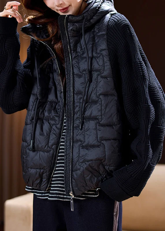 Simple Black Hooded Zippered Cotton Filled Waistcoat Sleeveless