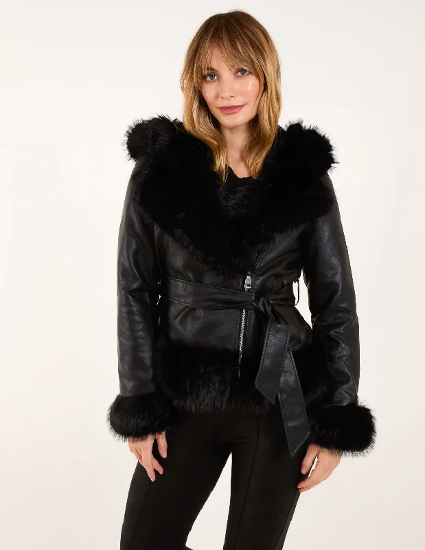 Hooded Zip Faux Fur Cropped PU Jacket
