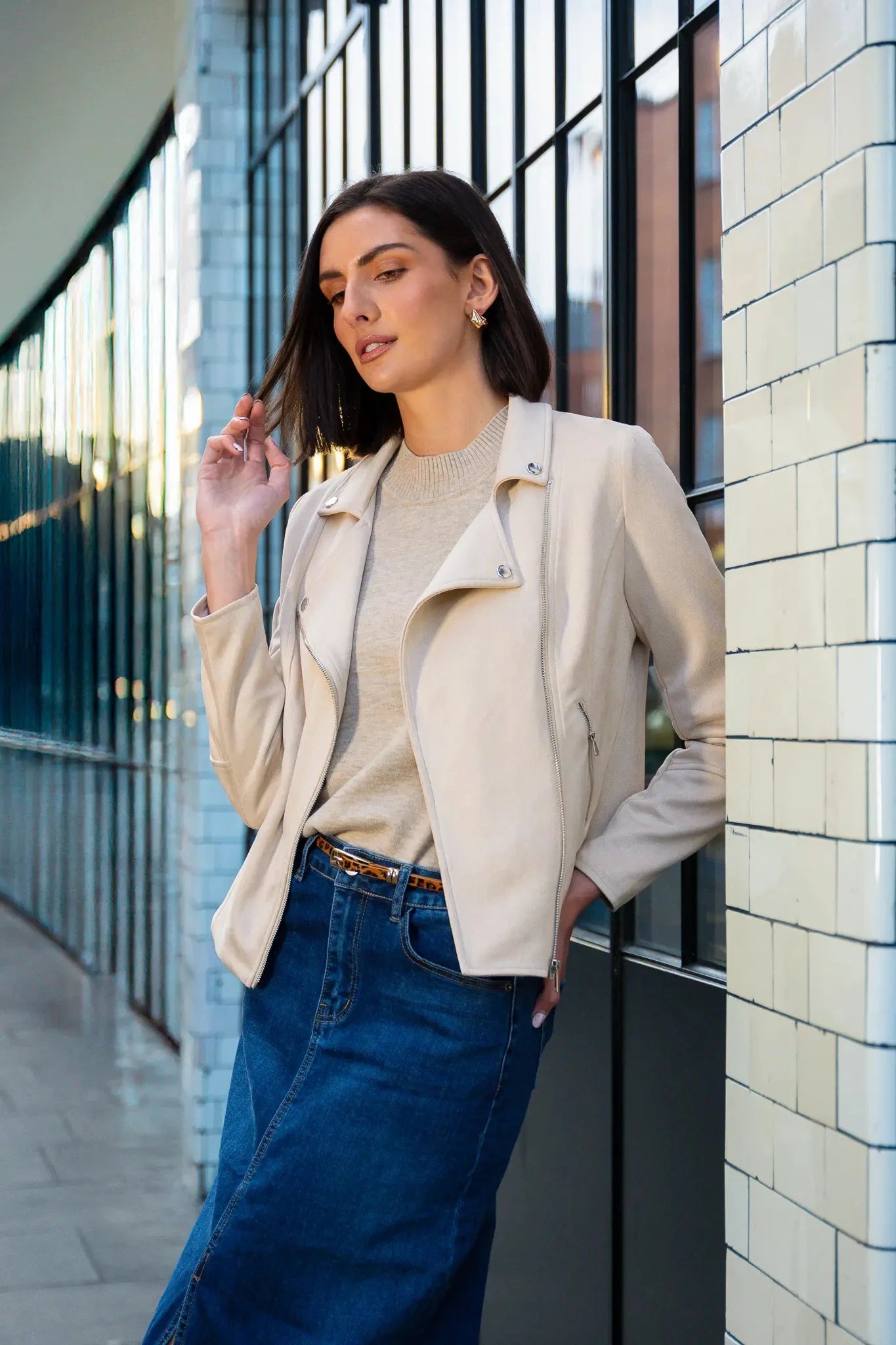 Taupe Suedette Biker Jacket