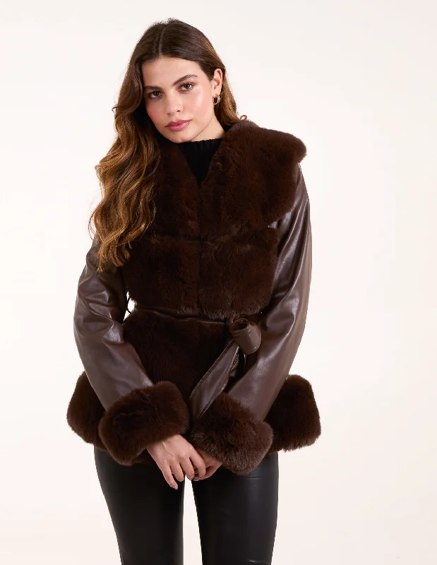 Panel Faux Fur Pu Belted Coat