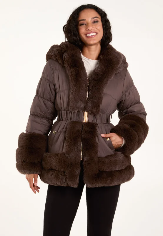 Faux Fur Trim Belted Puffer Coat