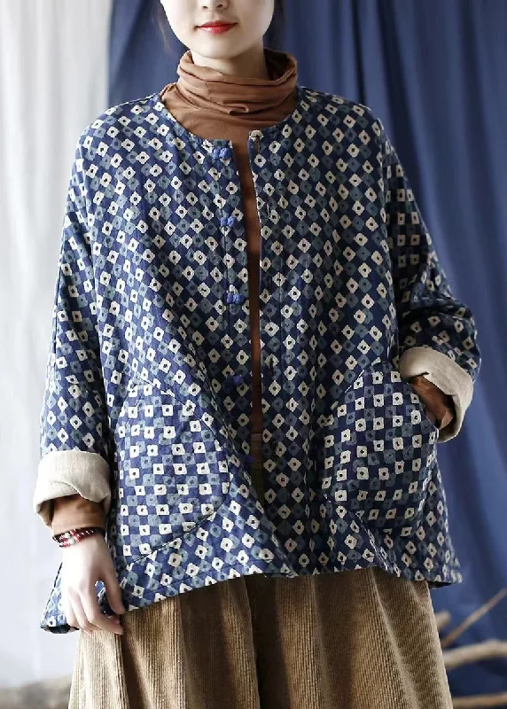 Vintage Blue Oversized Print Linen Coat Spring