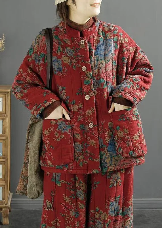 Retro Red Stand Collar Pockets Print Fine Cotton Filled Coat Winter