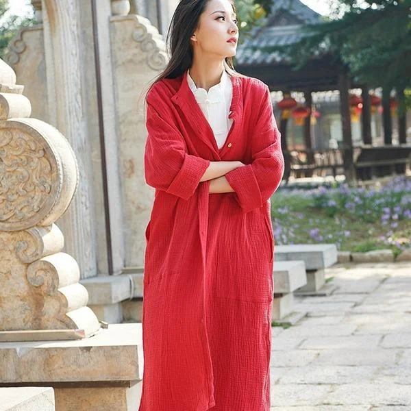 New Vintage Trench Cotton Linen Coats Button Women Cloths Pockets Chinese Style Solid Color Women Trench