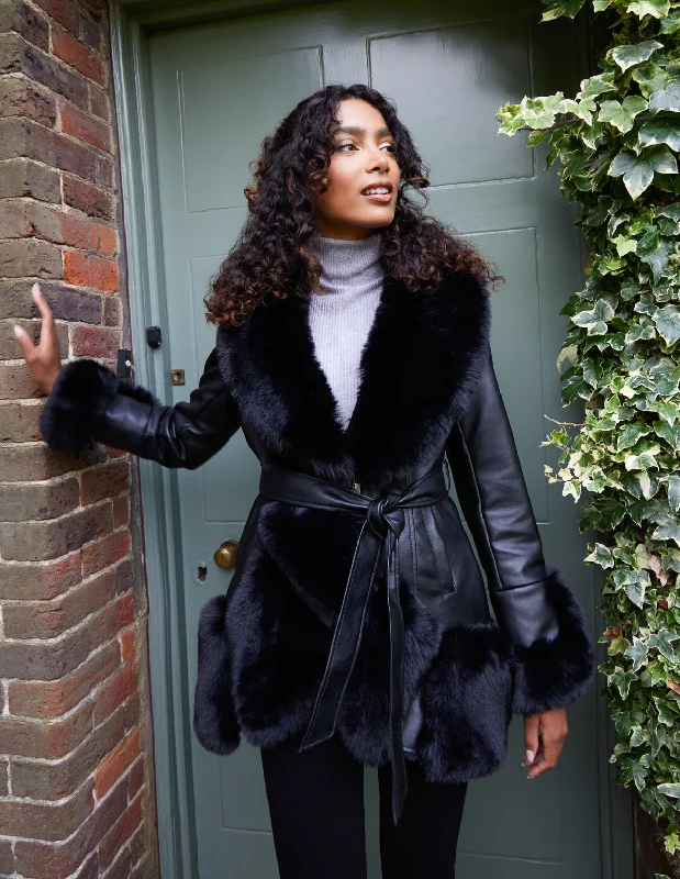 Panel Faux Fur Pu Belted Coat