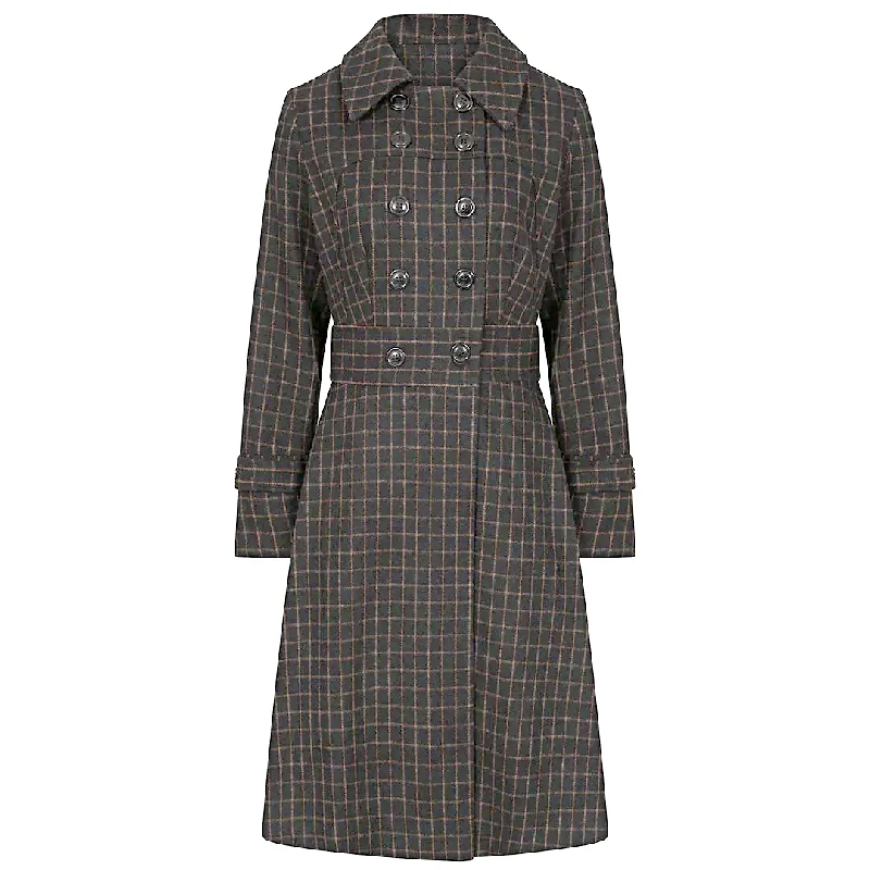 Black Brown Double Breasted Wool Vintage Check Print Winter Coat
