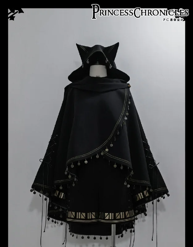 Princess Chronicles~Black Cat~Black Ouji Lolita Cape with Cool Cat Ear Hood