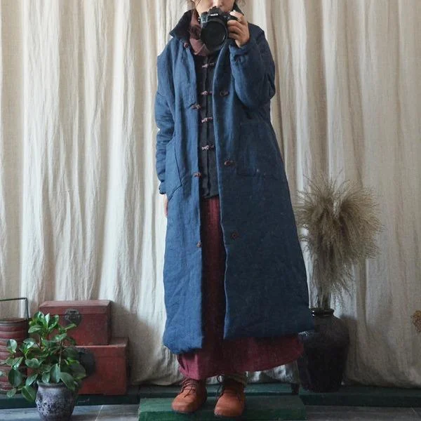 Women Winter Vintage Parkas Coats Cotton Linen Solid Color Button