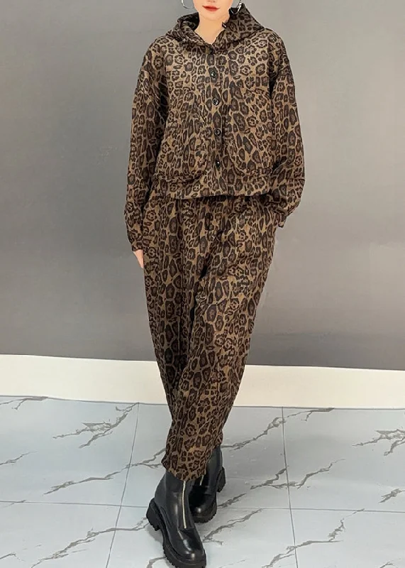 Fashion Khaki Leopard Warm Fleece Hooded Coats And Harem Pants Two Pieces Set Winter