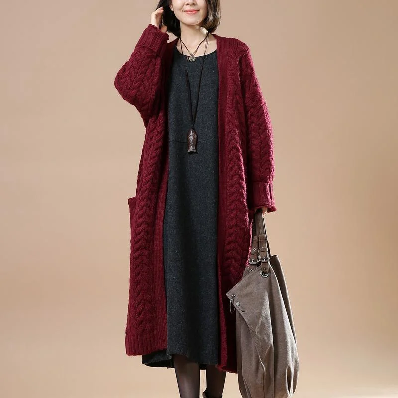 Burgundy cable knit cardigans plus size sweater coats
