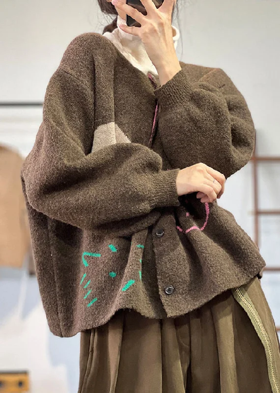 Plus Size Coffee O Neck Button Knit Coat Long Sleeve