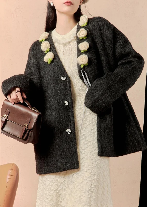 Loose Black Button Floral Patchwork Woolen Coat Winter