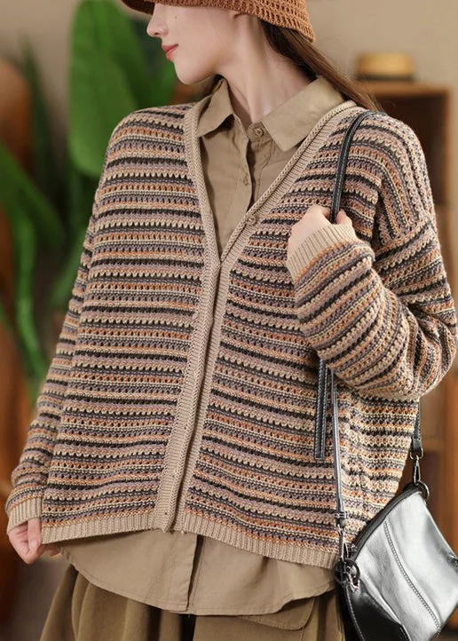 French Khaki V Neck Striped Button Knit Coats Spring