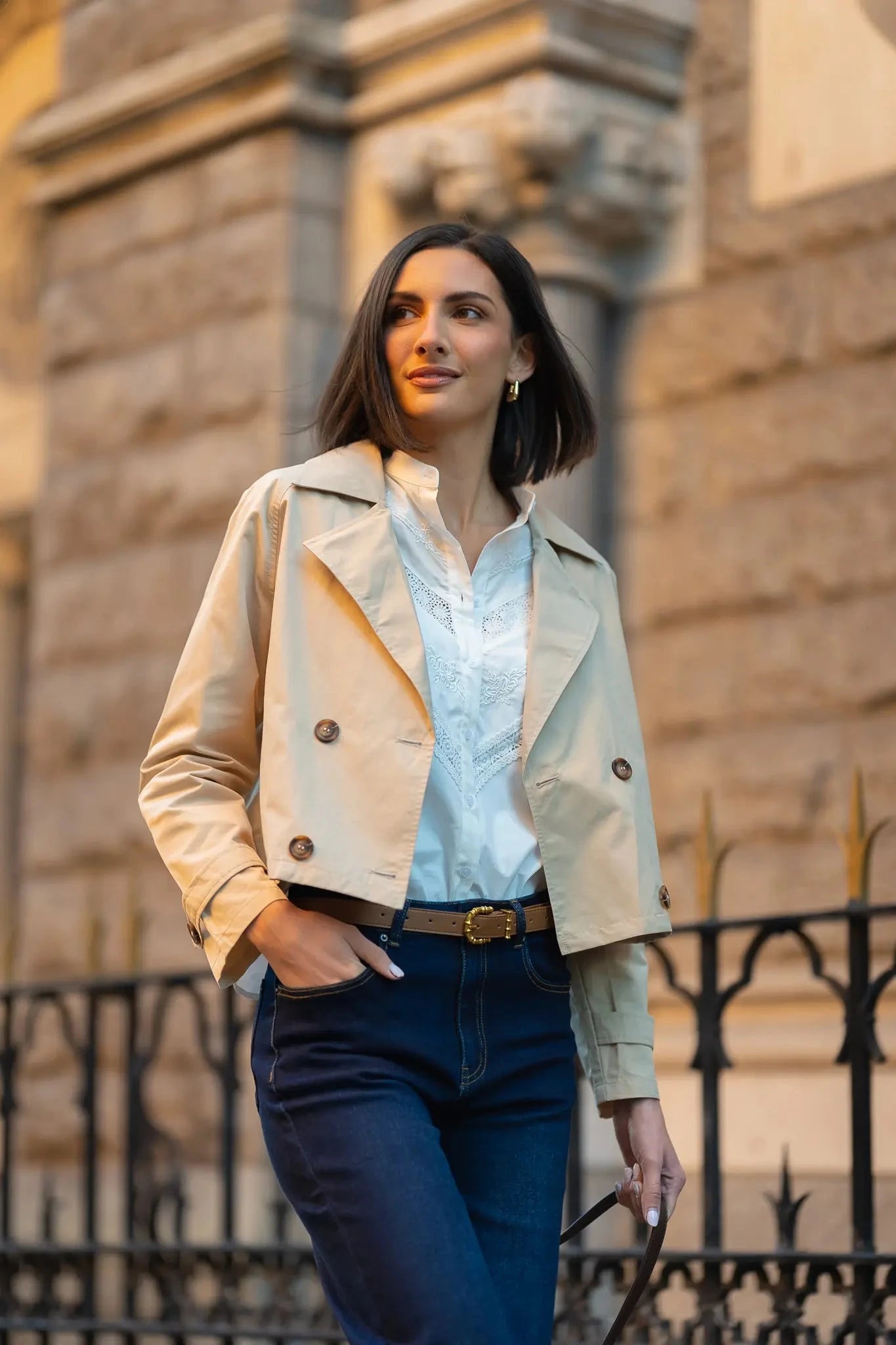 Lightweight Cropped Trench Coat in Beige