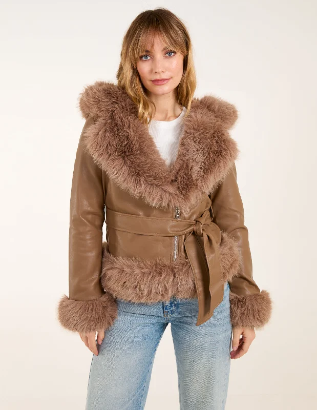 Hooded Zip Faux Fur Cropped PU Jacket