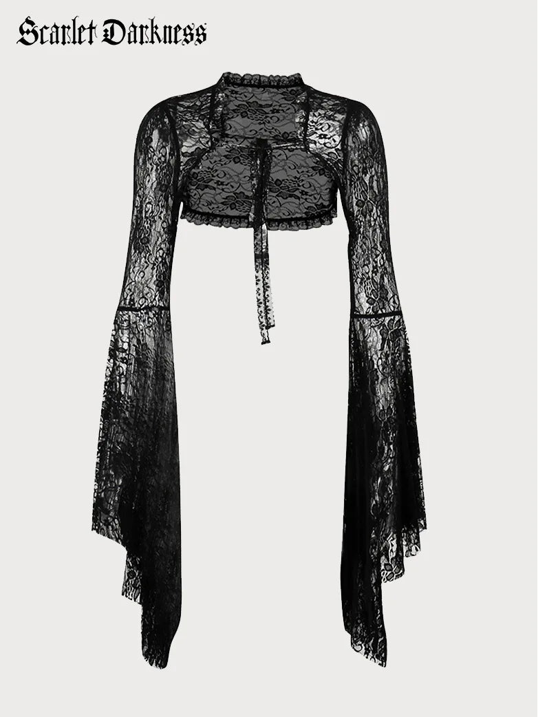 Women Goth Bell Sleeves Lace Cardigan