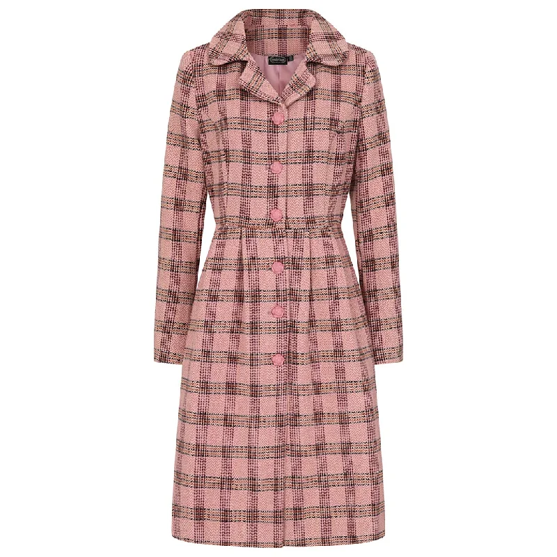 1960s Inspired Poly Wool Pink Check Print Winter Coat