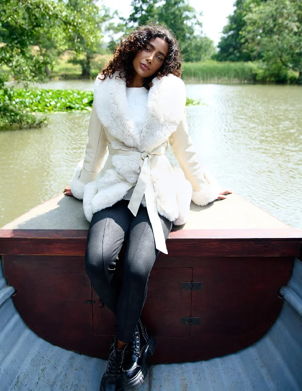 PU Faux Fur Trimmed Belted Coat