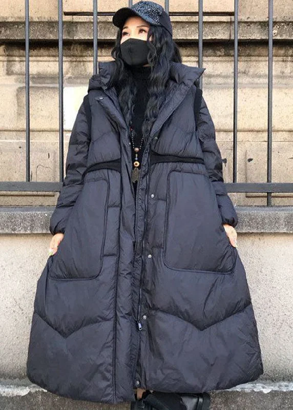 Boutique Black Stand Collar Hooded Drawstring Pockets Winter Coat