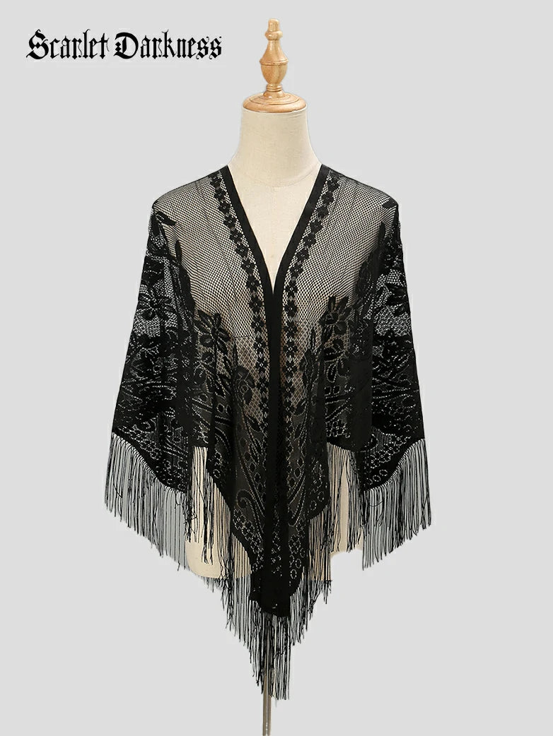 Women Spring Vintage Lace Tassel Cape