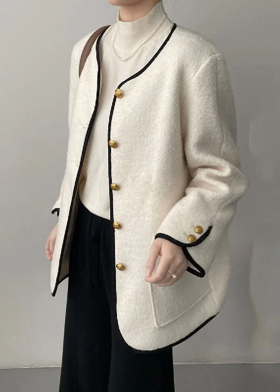 Elegant White Pockets Patchwork Woolen Coat Long Sleeve