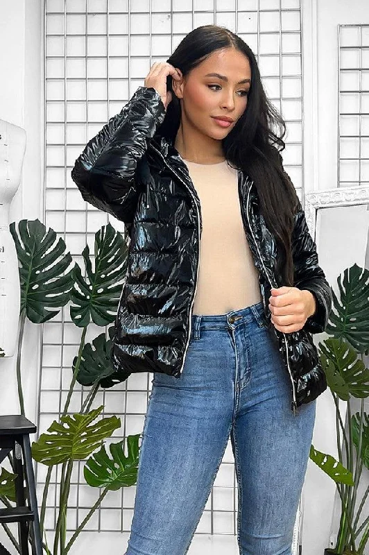 Black High Shine Padded Hooded Jacket