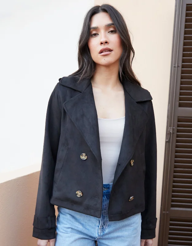 Women's Black Suedette Cropped Trench Coat
