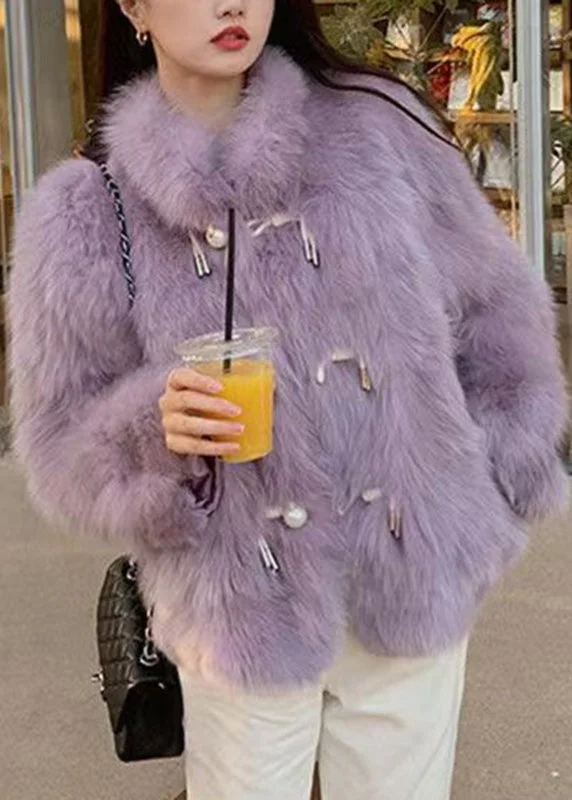 Fitted Purple Stand Collar Button Leather And Fur Coats Winter