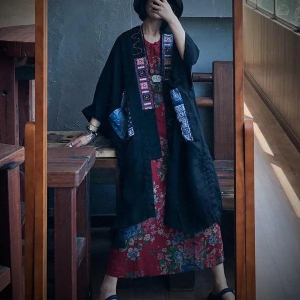 Vintage Patchwork Long Trench Linen Coats 2020 Style Trench Retro Casual Open Stitch Vintage Patchwork Long Trench Linen Coats 2020 Style Trench Retro Casual Open Stitch