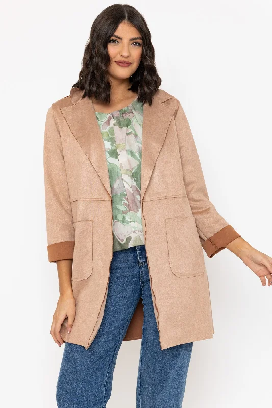 Beige 3/4 Length Sleeve Suede Jacket