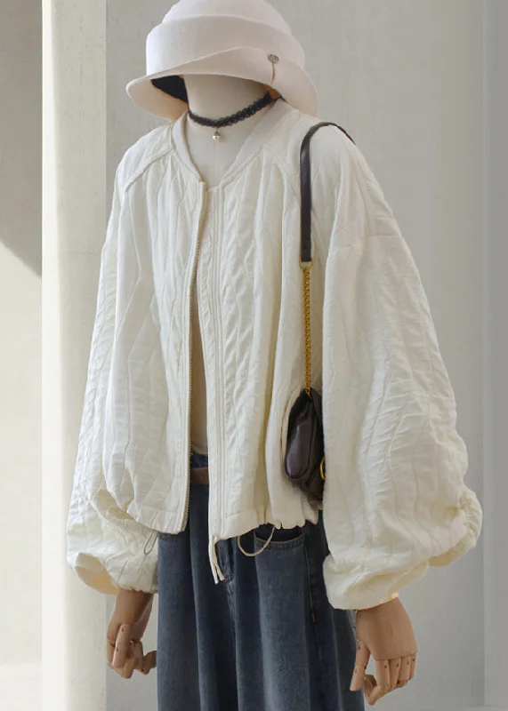 Casual Beige Zip Up Drawstring Loose Cotton Jackets Lantern Sleeve